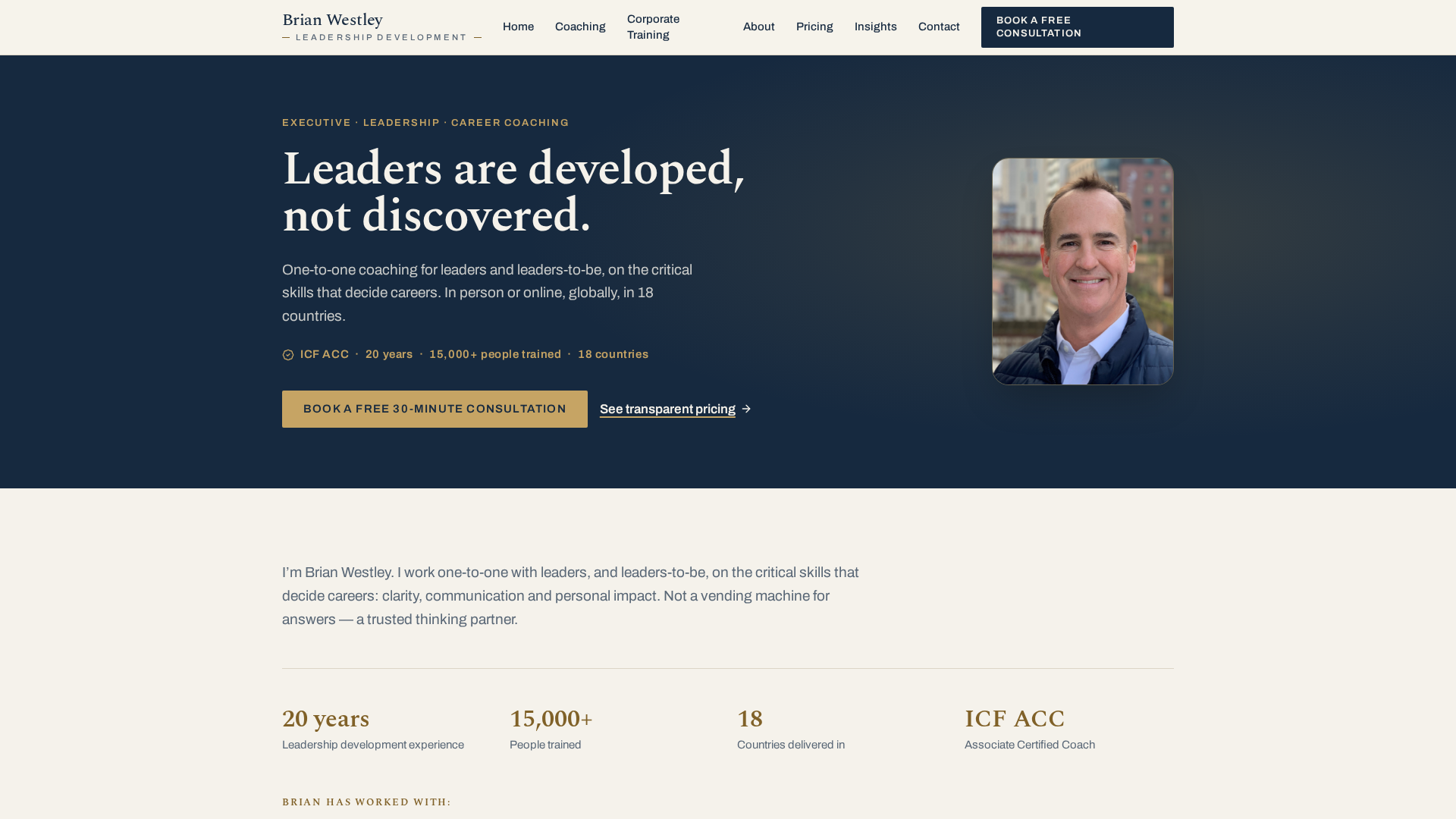 Brian Westley Coaching homepage — a navy hero with the headline "Leaders are developed, not discovered." and Brian's portrait.